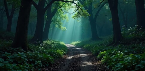 Naklejka premium A shadowed, overgrown path winds into a dark and dense forest, hinting at secrets and untold stories The air feels heavy with mystery, promising adventure or danger , darkness, vibe