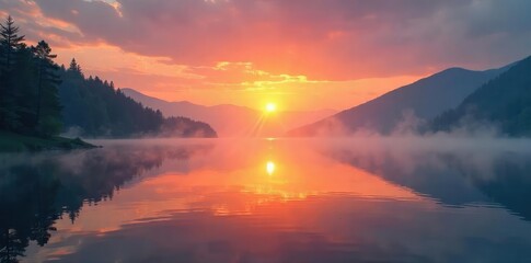 Naklejka premium A sunrise over a tranquil lake, mist rising, conveying a sense of calm energy and spiritual awakening Perfect for meditation, yoga, and wellness themes , stillness, potential