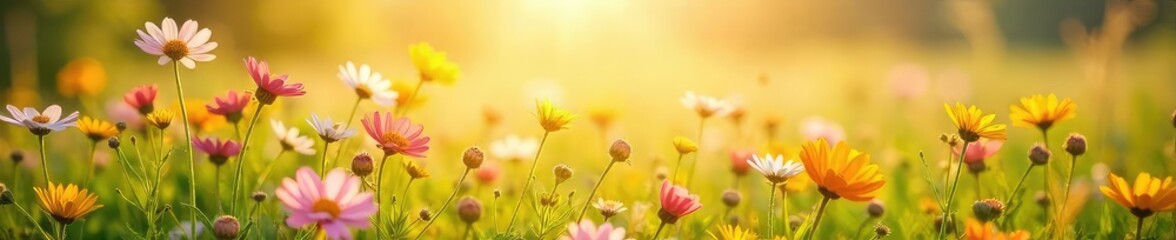 Fototapeta premium A sun-drenched field of wildflowers swaying gently in the breeze, radiating joy and serenity Perfect for concepts of happiness, contentment, and carefree living , joy, countryside