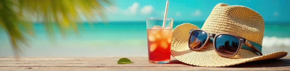 A vibrant summer scene featuring trendy sunglasses, a straw hat, and refreshing iced tea, capturing the essence of hip summer style , chill, poolside