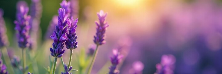 Obraz premium Close-up of a blooming lavender plant, its purple flowers releasing a calming, mellow aroma into the air The soft sunlight illuminates the delicate petals and gentle texture , calming, fragrance