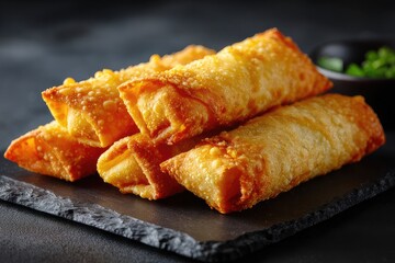 Close-up of golden flaky egg roll crust texture.