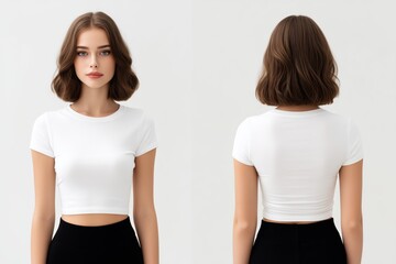 A young woman with a stylish bob haircut is wearing a fitted white crop top mockup and black high-waisted pants. The image shows her from the front and back, highlighting the outfit's design.