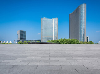 Modern Urban Landscape with Contemporary Skyscrapers Against Clear Blue Sky