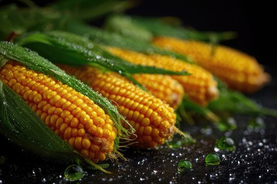Macro shot of corn on the cob kernels with water droplets. 