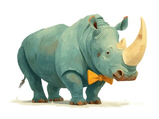 Obraz premium An adorable blue rhinoceros wea a yellow bow tie stands proudly against a bright white background artfully.