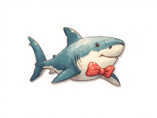 A cute cartoon shark character with a red bow tie swims happily in a whical underwater illustration.