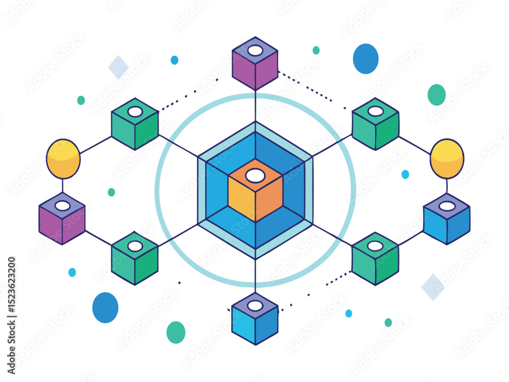 Poster abstract network graphic with cubes and hexagons isolated on white background