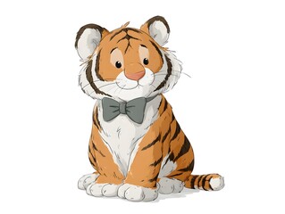 An adorable tiger cub with a bow tie is sitting looking charming against a white studio background image.