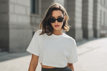 A stylish young woman wearing a white cropped t-shirt mockup and sunglasses, posing confidently on a city street. The background features modern architecture and soft sunlight.