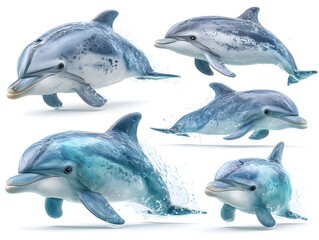 Fototapeta premium A group of realistic dolphins in various poses swims playfully near the surface of the crystal clear ocean water.