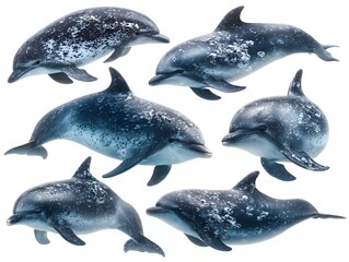 Fototapeta premium A group of spotted dolphins swim with a mottled texture effect on a clean white background in studio shot.