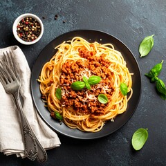 Plate of spaghetti bolognese garnished with fresh herbs ready for a savory meal experience