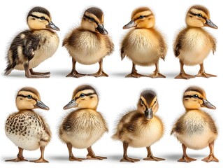 Eight adorable ducklings stand in a group against a bright white backdrop showcasing their cute fluffy plumage.