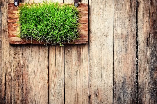 Green grass on wooden board hanging against a rustic wooden wall with natural light and texture