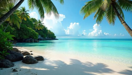 Serene coastal lagoon, turquoise water reflects the sky, tranquil scene with gently lapping waves against the sandy shore, surrounded by lush vegetation A secluded paradise , calm, serene, waves