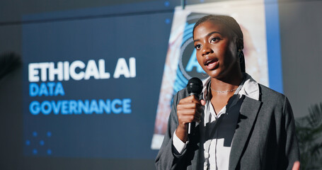 Podium, presentation and speech with business black woman in auditorium for ethical AI conference....