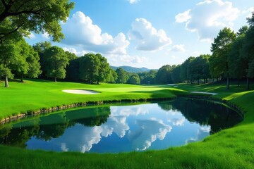 Serene golfing pond nestled amongst lush greenery, reflecting the tranquil sky Ideal for nature, relaxation, and golf course imagery , idyllic, vegetation, environment