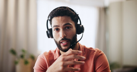 Portrait, teacher and man on video call for remote work, online education or virtual lesson in...