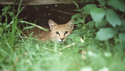 Camouflaged feline peeking through greenery observation wildlife natural habitat