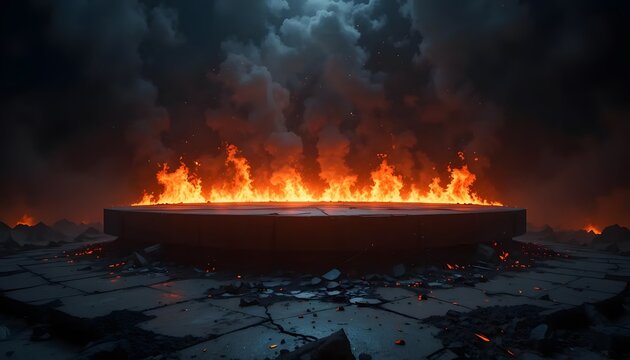 Dramatic scene of fire burning on a dark platform under cloudy sky