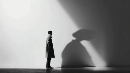 Man in long coat walks past blank gallery wall casting shadow of woman, symbolic duality. For transgender meme.