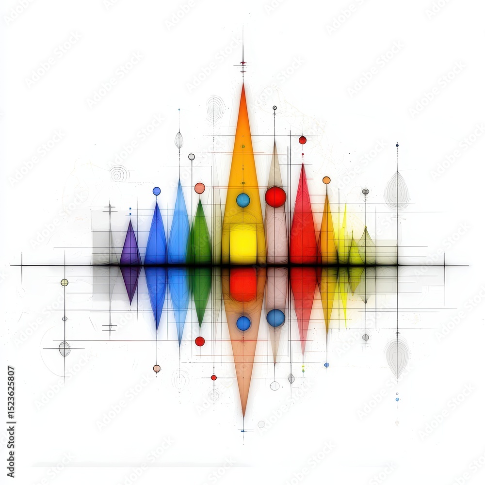 Poster an vibrant abstract artwork with sharp, triangular spikes arranged in spectrum order. the design has