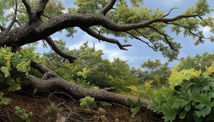 Fototapeta premium Fallen tree branch in lush green forest