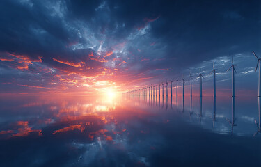 Dramatic Sunset Over Water Reflected Wind Turbines Row With Orange and Purple Sky in Energy Landscape