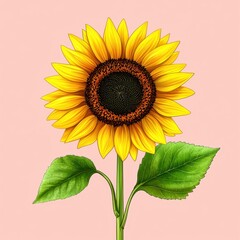 Obraz premium Vibrant yellow sunflower with dark brown center, green leaves, and pink background. Detailed illustration style