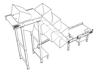 Technical Wireframe Illustration: Vertical Bucket Conveyor Belt for Bulk Material Lifting Transport in Industrial Manufacturing, Food Processing, or Agricultural Production Facilities and Automation