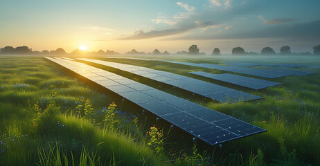 Solar Panel Field at Sunset – Clean Renewable Energy in Nature Generative AI