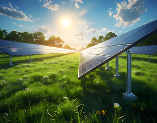 Solar Panel Field on a Sunny Day – Clean Renewable Energy Landscape Generative AI