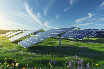Solar Panel Field in Green Meadow with Sunrise and Wildflowers Generative AI