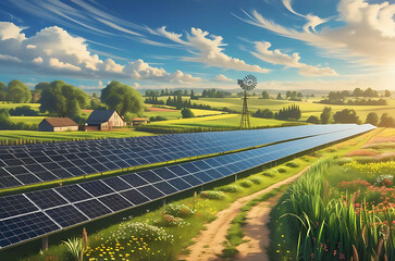 Solar Panels on Countryside Landscape with Wildflowers and Clear Sky Generative AI