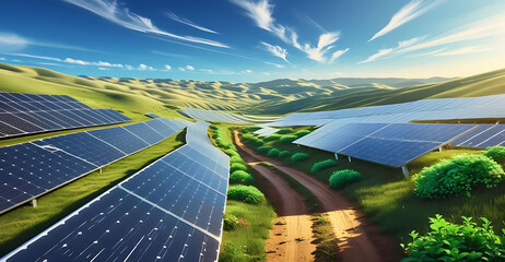 Solar Panels on Countryside Landscape with Wildflowers and Clear Sky Generative AI