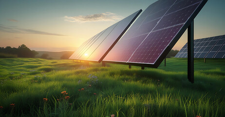 Solar Panel Field at Sunset – Clean Renewable Energy in Nature Generative AI