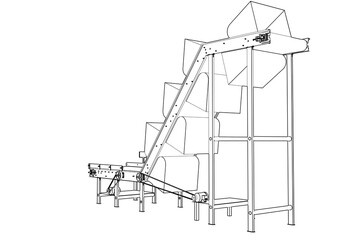 Technical Wireframe Illustration: Vertical Bucket Conveyor Belt for Bulk Material Lifting Transport in Industrial Manufacturing, Food Processing, or Agricultural Production Facilities and Automation