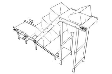 Technical Wireframe Illustration: Vertical Bucket Conveyor Belt for Bulk Material Lifting Transport in Industrial Manufacturing, Food Processing, or Agricultural Production Facilities and Automation
