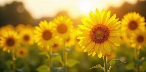 Fototapeta premium Vibrant yellow sunflowers in a field bathed in golden sunlight, symbolizing joy and summer bliss Perfect for themes of positivity, cheerfulness, and carefree happiness , sunlight, energy