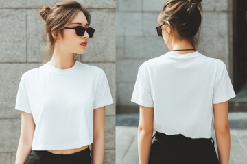 A stylish young woman wearing a white cropped t-shirt mockup and sunglasses, posing outdoors. The image shows her from the front and back, highlighting her casual yet chic outfit against a stone.