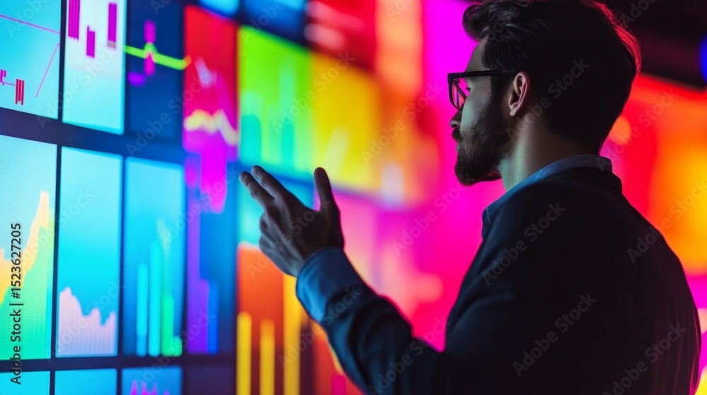 Poster data analysis action digital workspace infographic display vibrant environment side view business in
