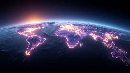 Earth View From Space City Lights with Glowing Blue Atmosphere and Worldwide Infrastructure Network in Darkness