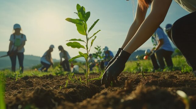 Community tree planting event urban park environmental action outdoor setting close-up perspective sustainability initiative