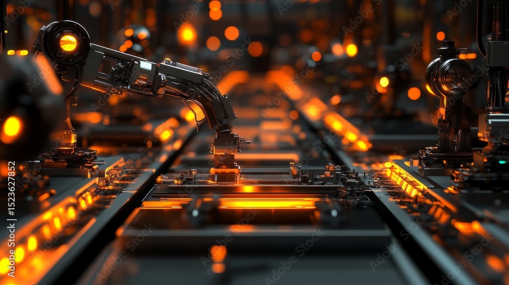 Poster automated robotic assembly line high-tech factory industrial process futuristic environment close-up