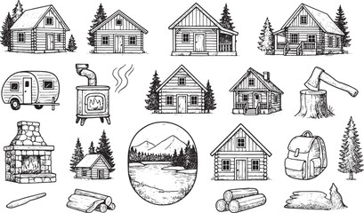 A collection of hand-drawn black-and-white illustrations featuring rustic cabins, a trailer, fireplace, wood stove, axe, logs, backpack, and scenic mountain lake with pine trees, perfect for outdoor, 
