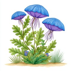 Three blue jellyfish like organisms atop green foliage, set against a sandy ground with small blue flowers. Watercolor painting style