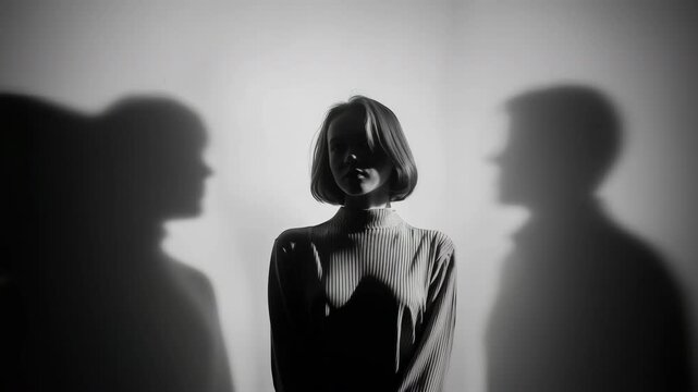 Woman stands between shadows of male and female profiles cast on wall, intense symbolic contrast for transgender meme.