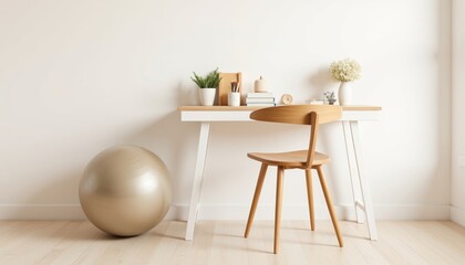 Fitness ball beside desk chair in modern workspace with plants  