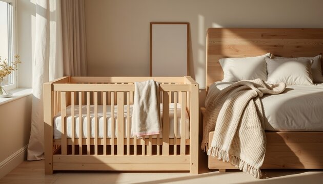 Co-sleeper crib placed next to bed in modern bedroom interior  
